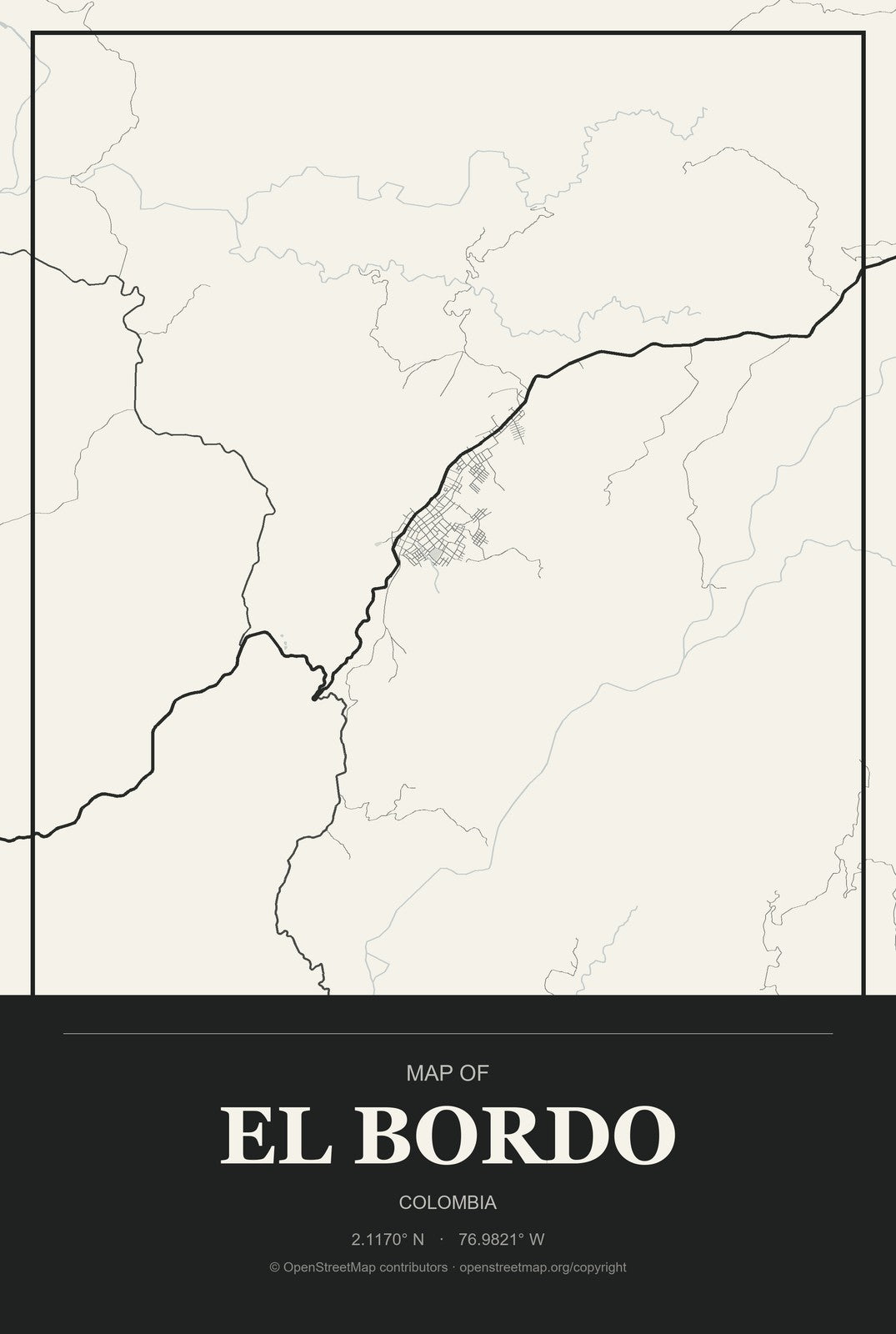 El Bordo, Colombia City Map Aluminum Sign in Museum Plaque style