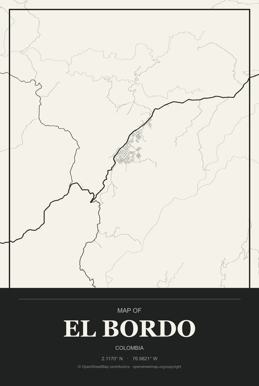 El Bordo, Colombia City Map Aluminum Sign in Museum Plaque style