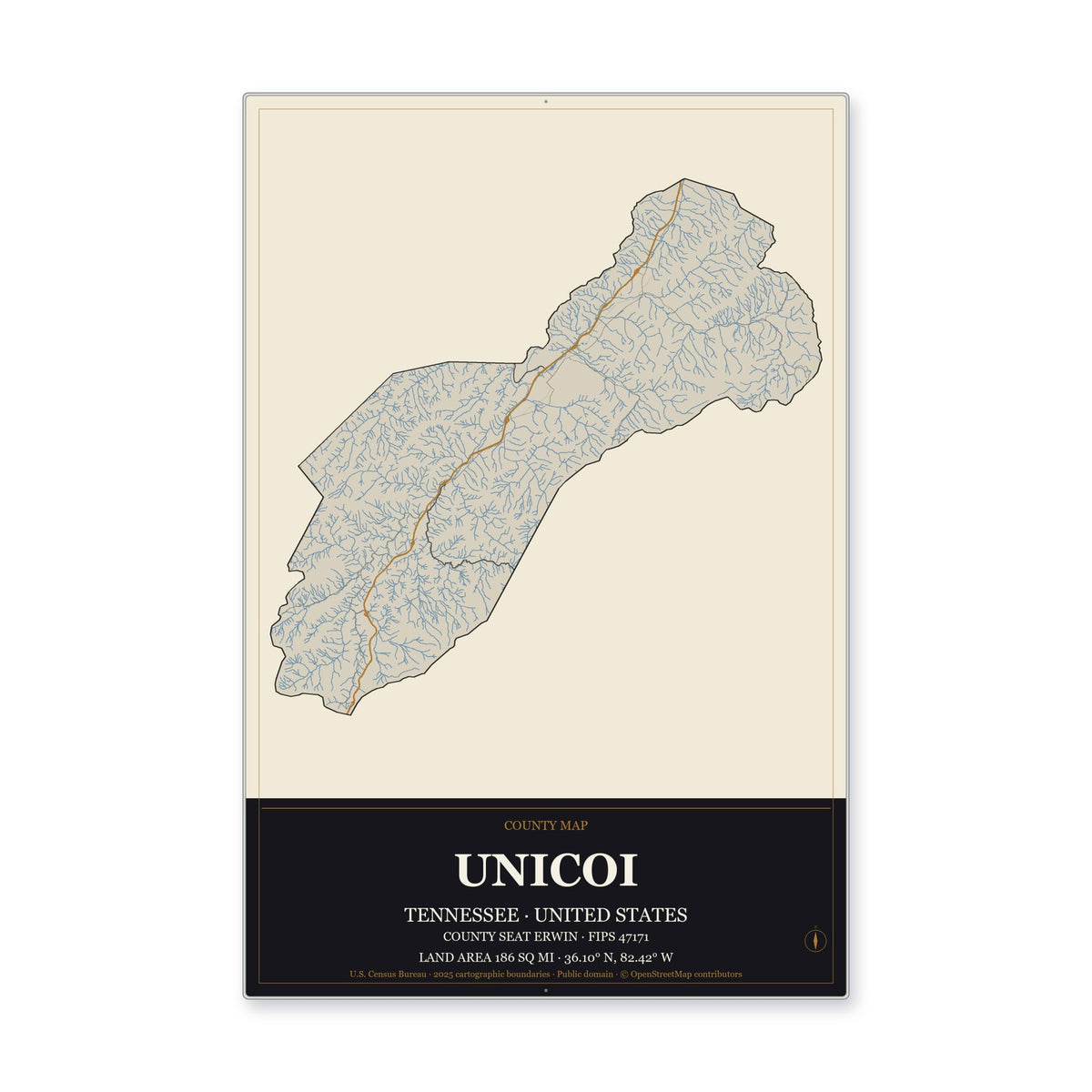 Unicoi County, Tennessee Map Aluminum Sign in Museum Plaque style