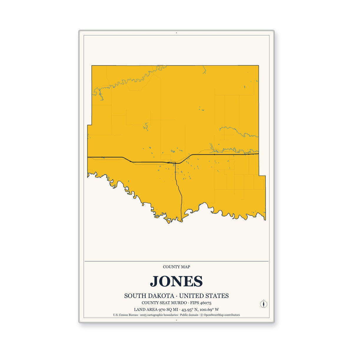 Jones County, South Dakota Map Aluminum Sign in Citrine Modern style