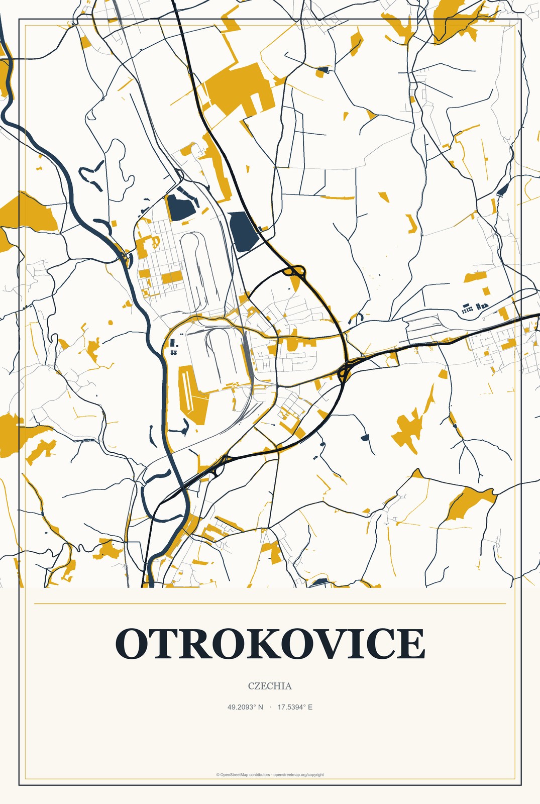 Otrokovice, Czechia City Map Aluminum Sign in Citrine Modern style