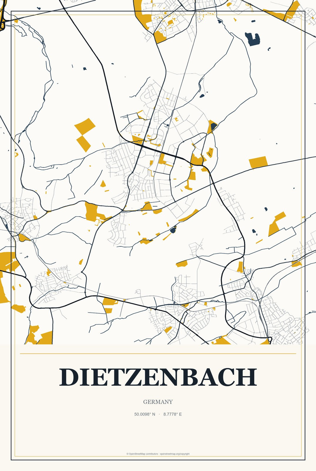 Dietzenbach, Germany City Map Aluminum Sign in Citrine Modern style