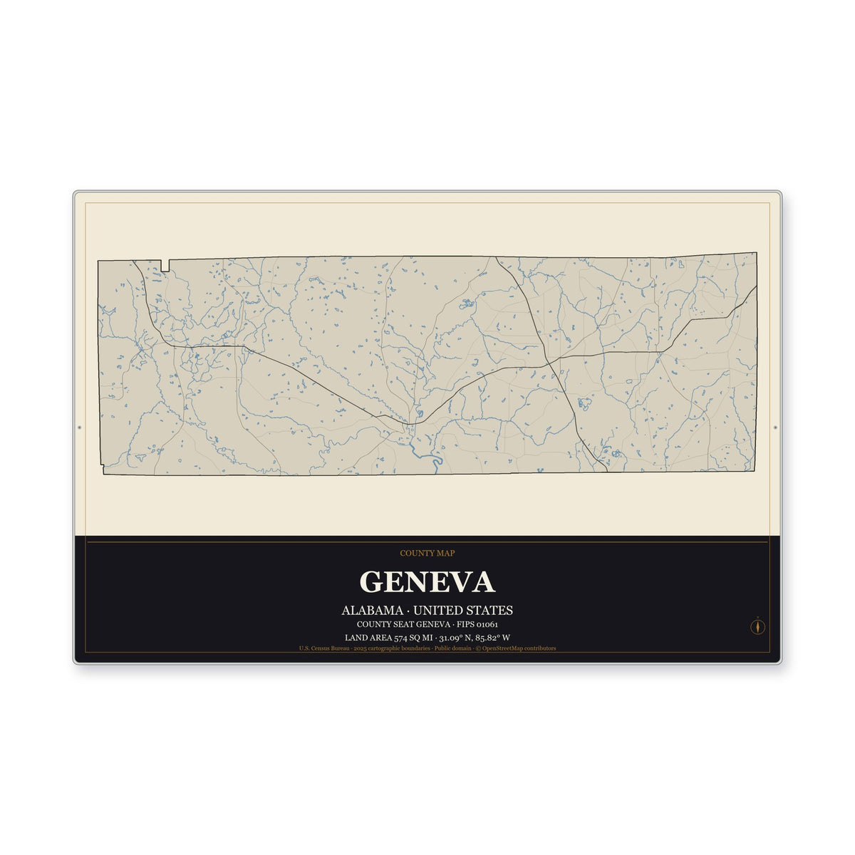 Geneva County, Alabama Map Aluminum Sign in Museum Plaque style
