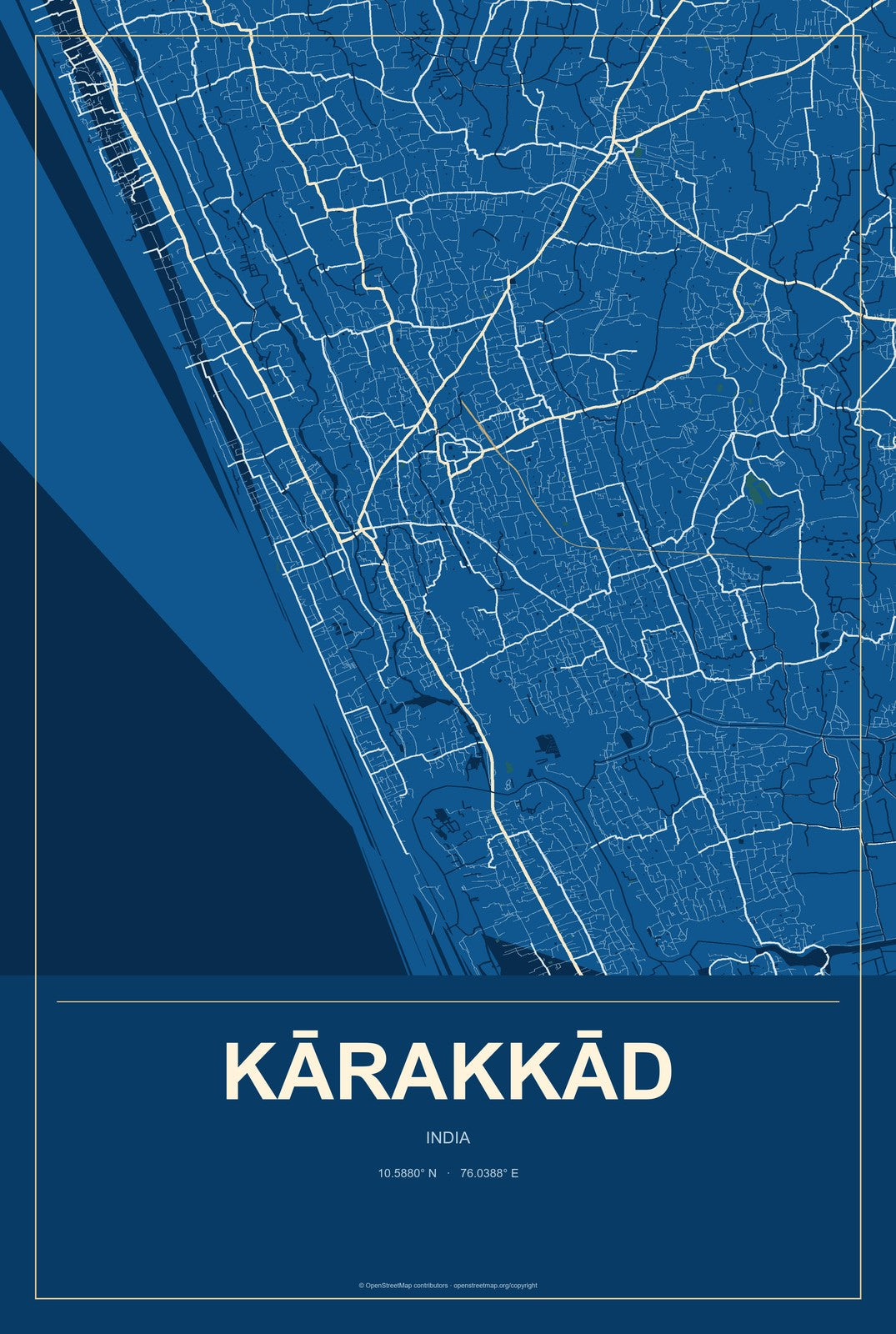 Kārakkād, India City Map Aluminum Sign in Harbor Cobalt style