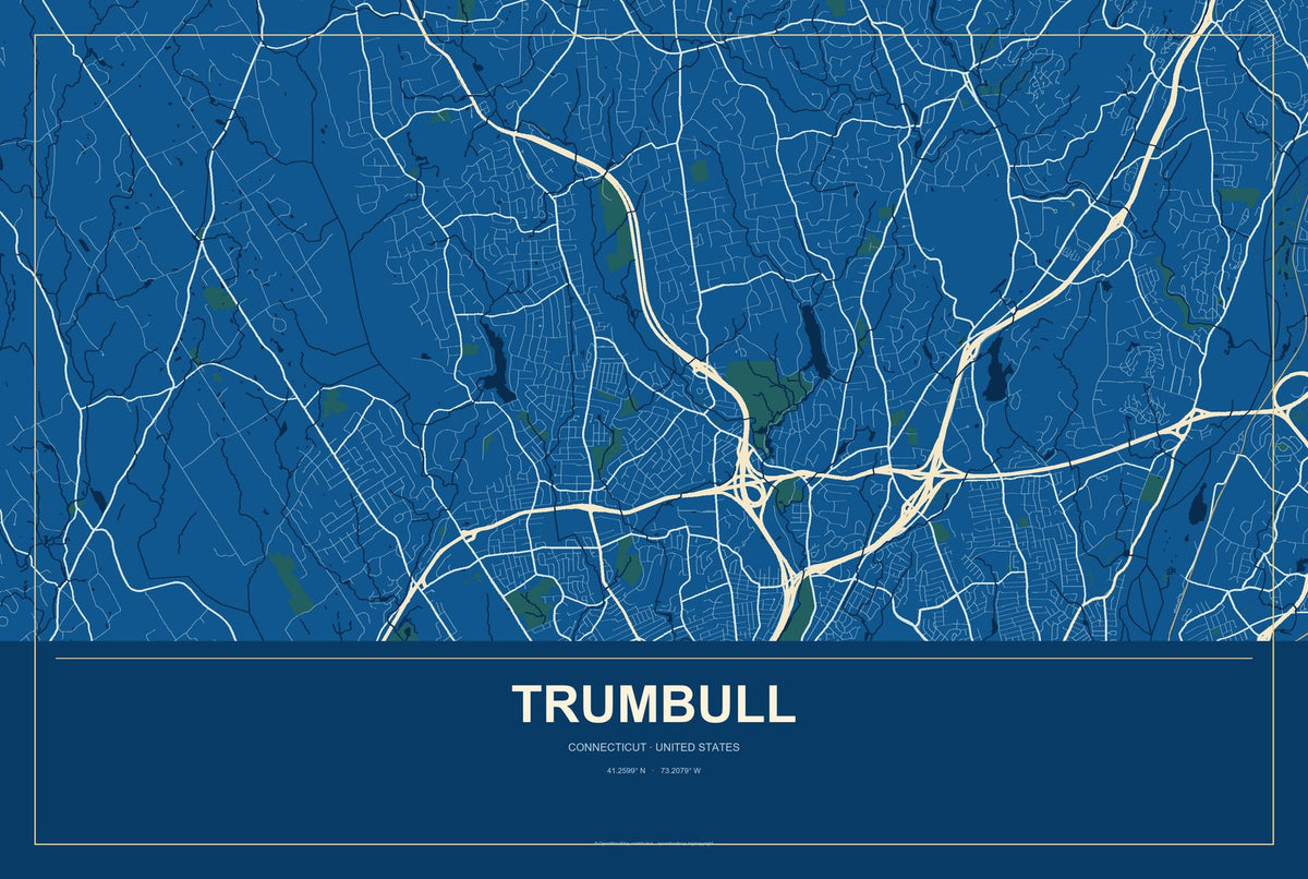 Trumbull, Connecticut City Map Aluminum Sign in Harbor Cobalt style