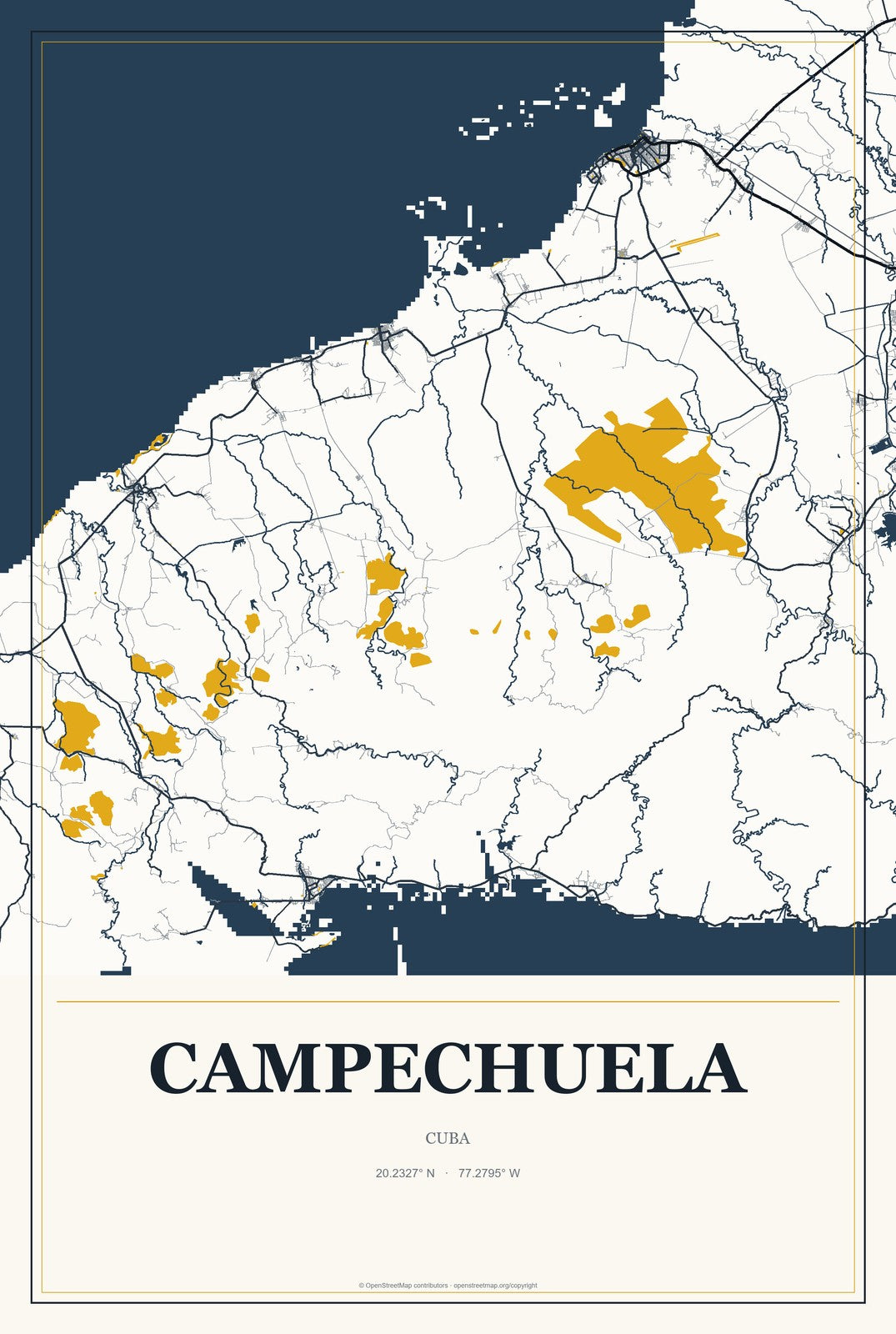 Campechuela, Cuba City Map Aluminum Sign in Citrine Modern style