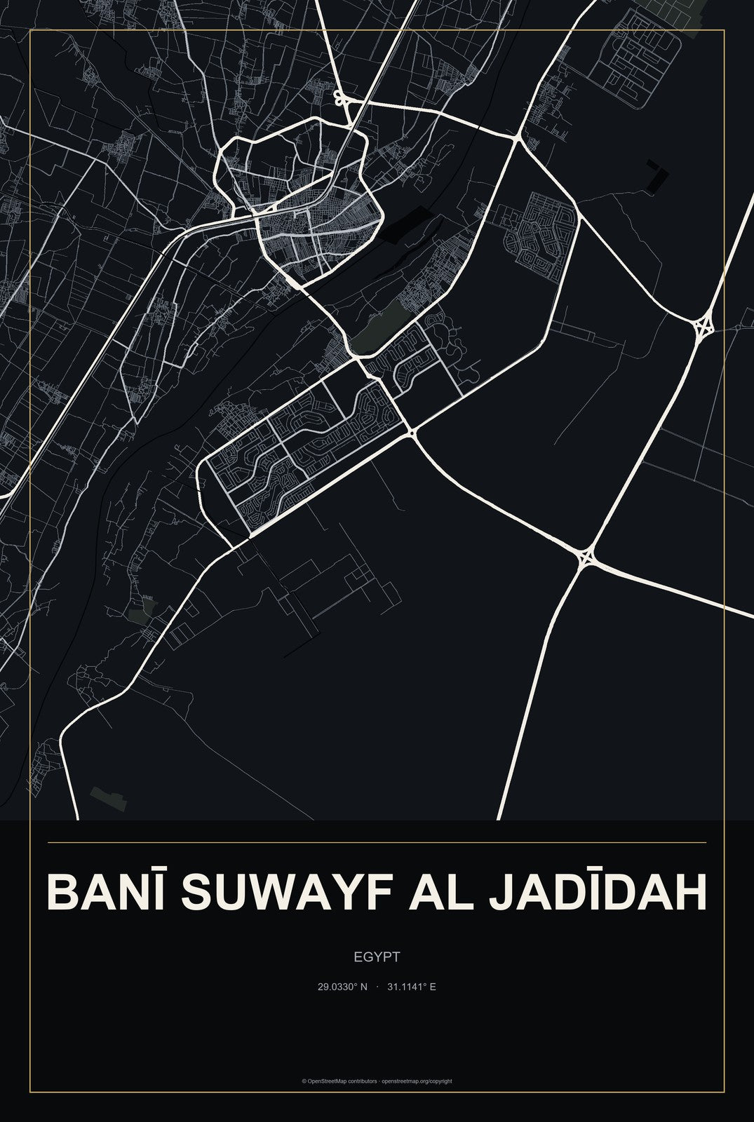 Banī Suwayf al Jadīdah, Egypt City Map Aluminum Sign in Metropolitan Noir style
