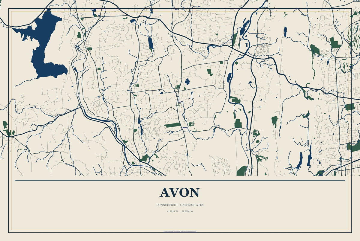 Avon, Connecticut City Map Aluminum Sign in Coastal Cutout style