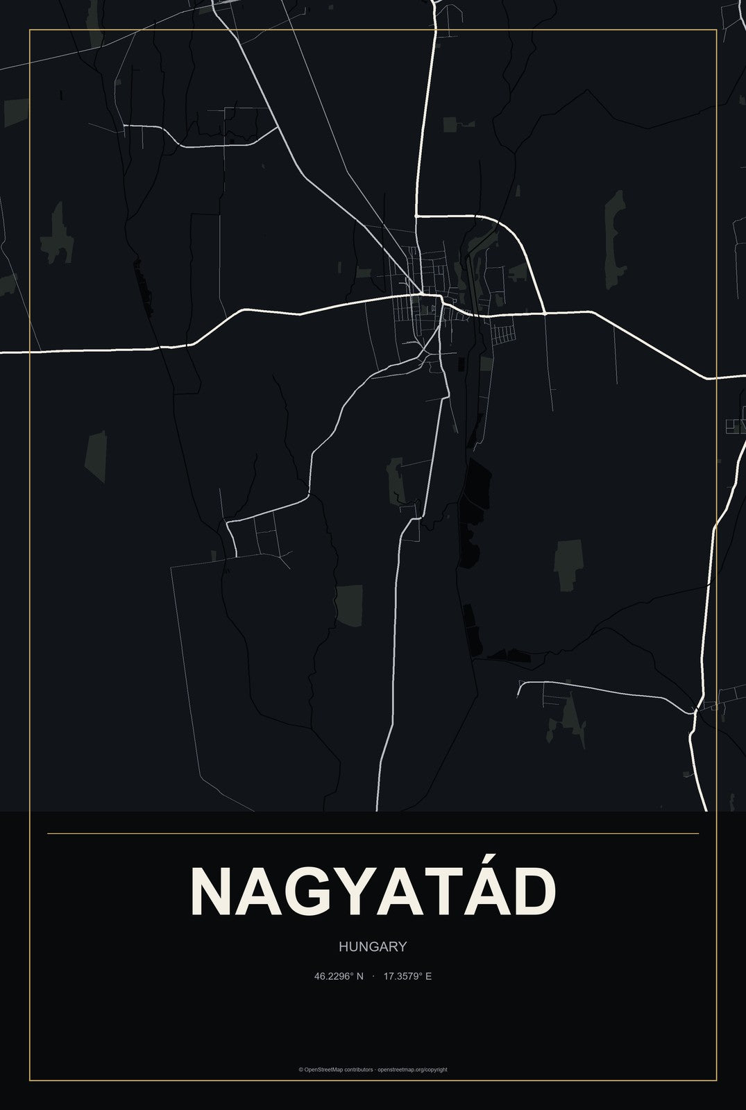 Nagyatád, Hungary City Map Aluminum Sign in Metropolitan Noir style