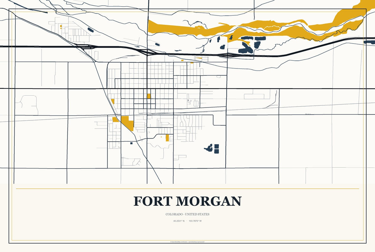Fort Morgan, Colorado City Map Aluminum Sign in Citrine Modern style