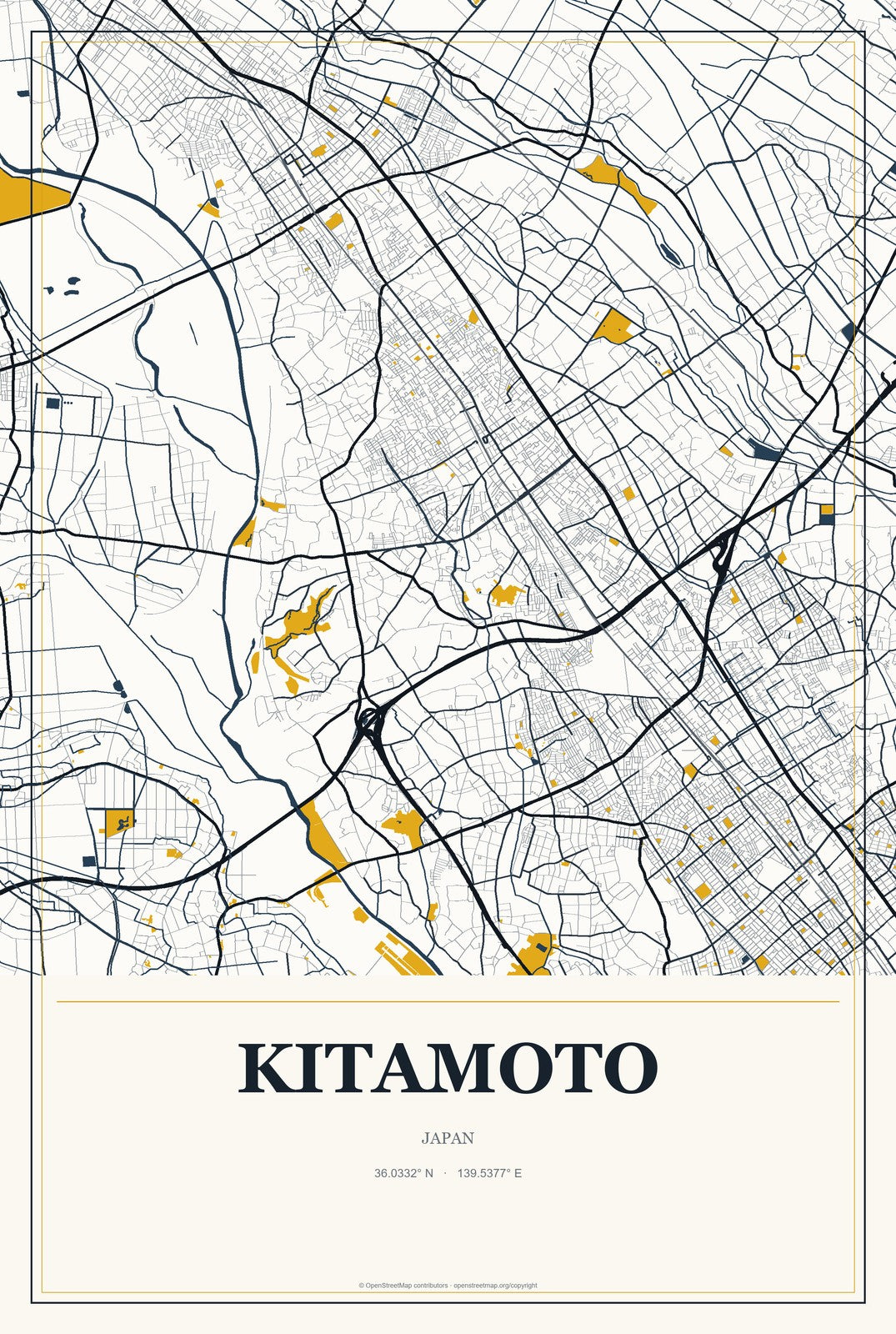 Kitamoto, Japan City Map Aluminum Sign in Citrine Modern style