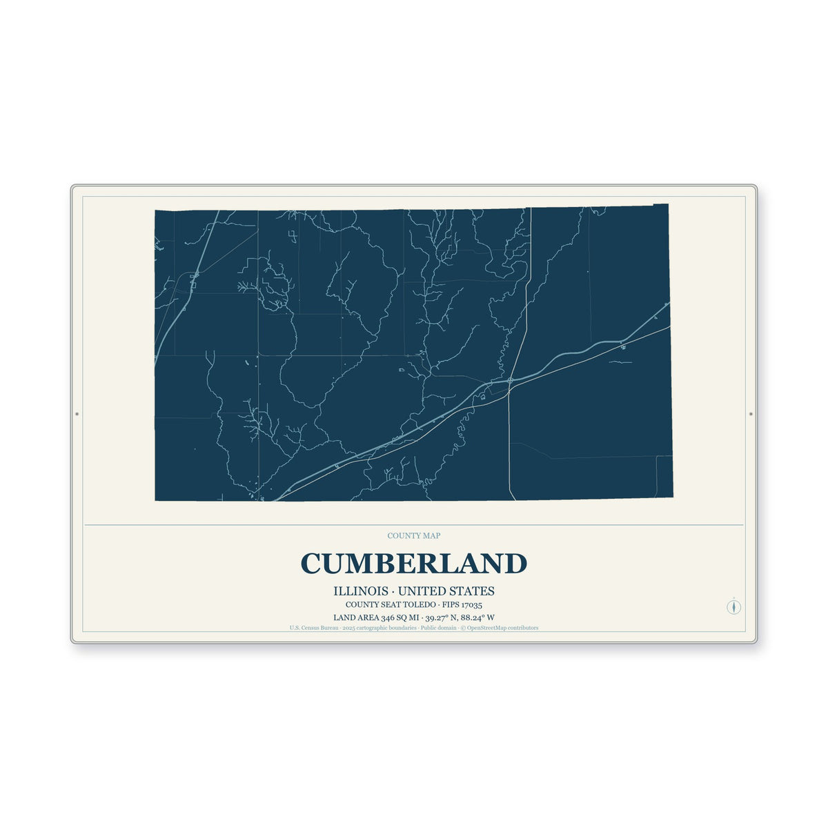 Cumberland County, Illinois Map Aluminum Sign in Coastal Cutout style