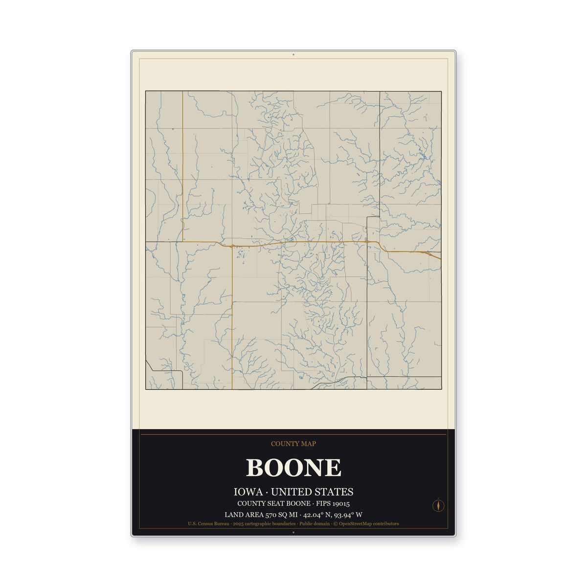 Boone County, Iowa Map Aluminum Sign in Museum Plaque style