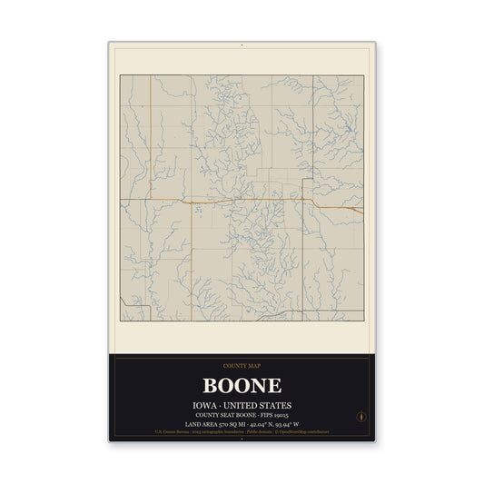Boone County, Iowa Map Aluminum Sign in Museum Plaque style