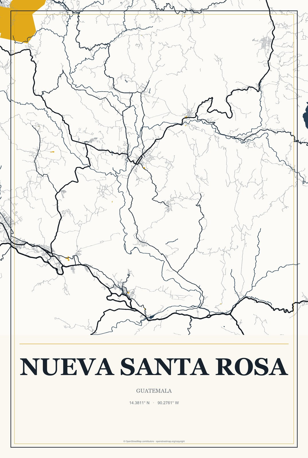 Nueva Santa Rosa, Guatemala City Map Aluminum Sign in Citrine Modern style