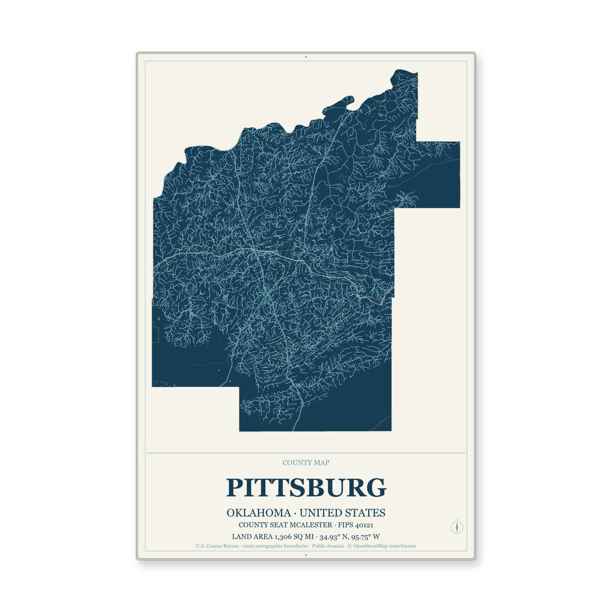 Pittsburg County, Oklahoma Map Aluminum Sign in Coastal Cutout style