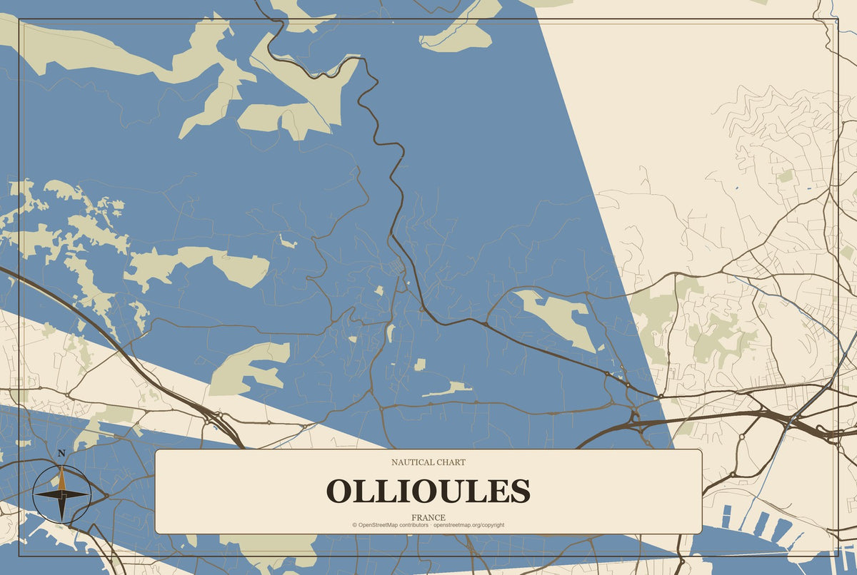Ollioules, France City Map Aluminum Sign in Heritage Nautical style
