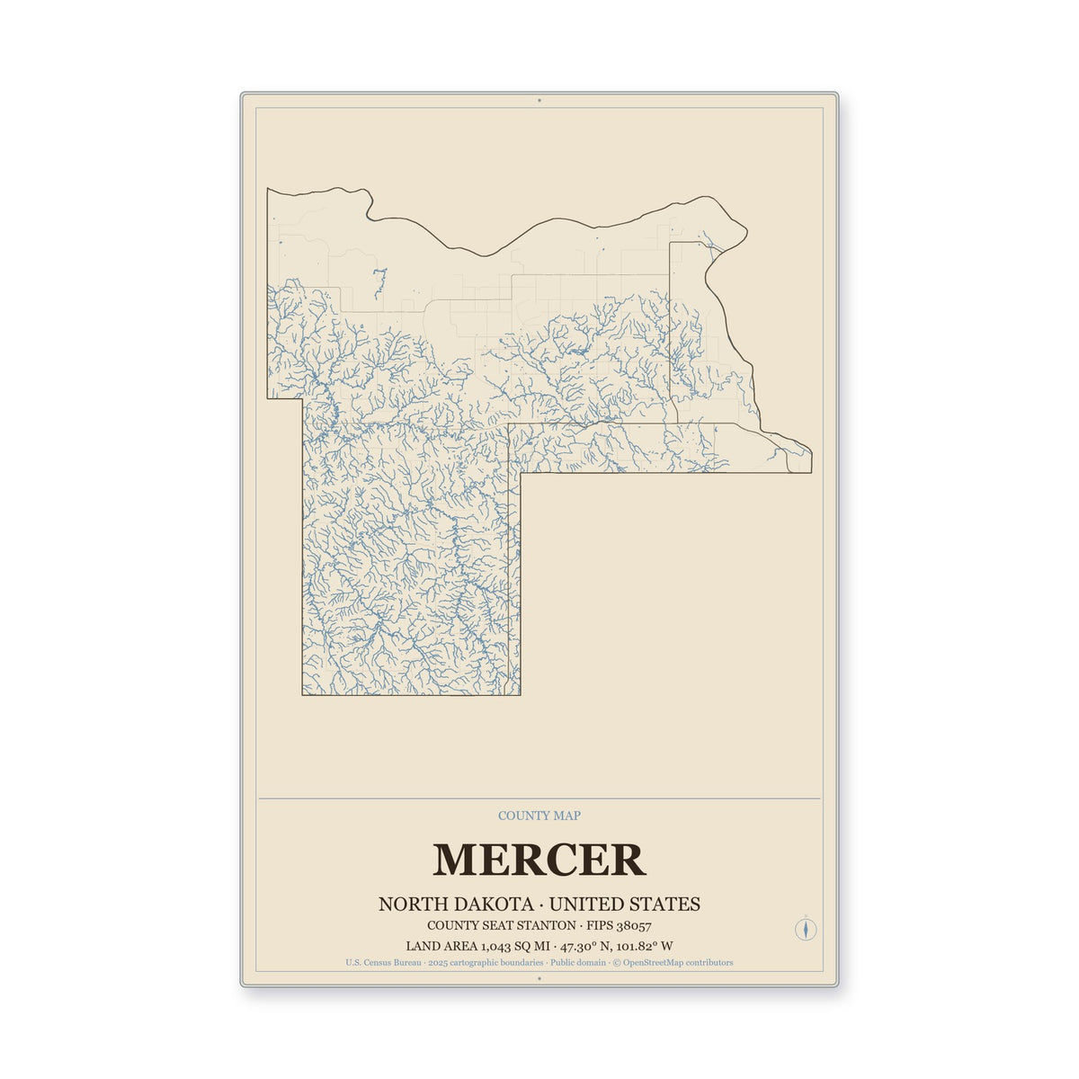 Mercer County, North Dakota Map Aluminum Sign in Heritage Nautical style