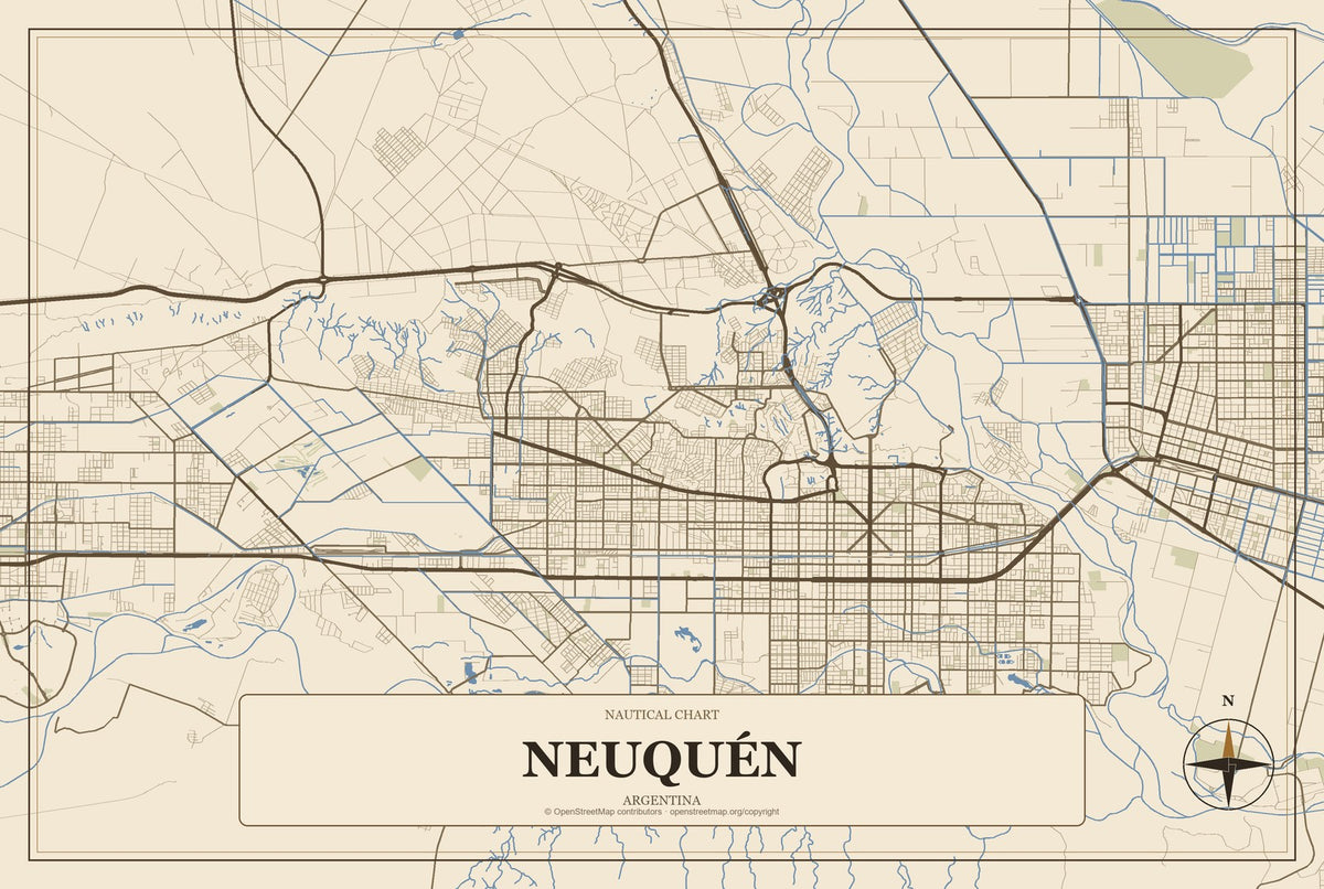 Neuquén, Argentina City Map Aluminum Sign in Heritage Nautical style