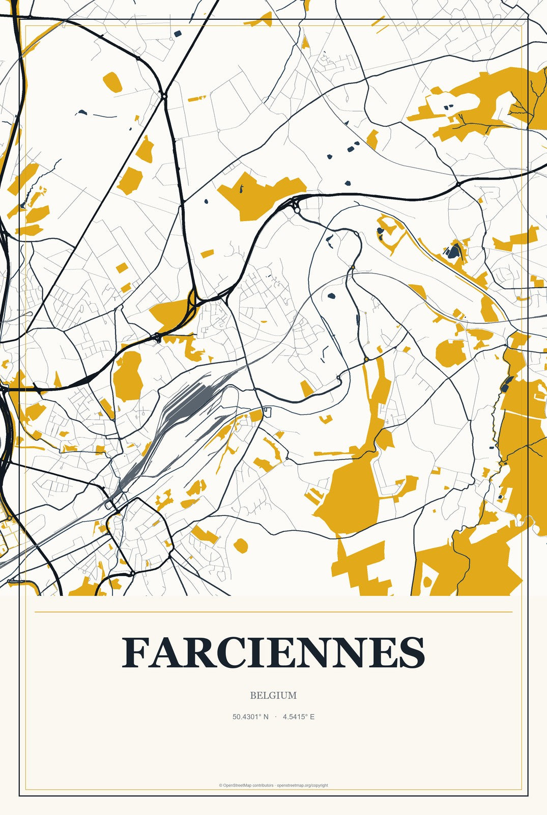 Farciennes, Belgium City Map Aluminum Sign in Citrine Modern style