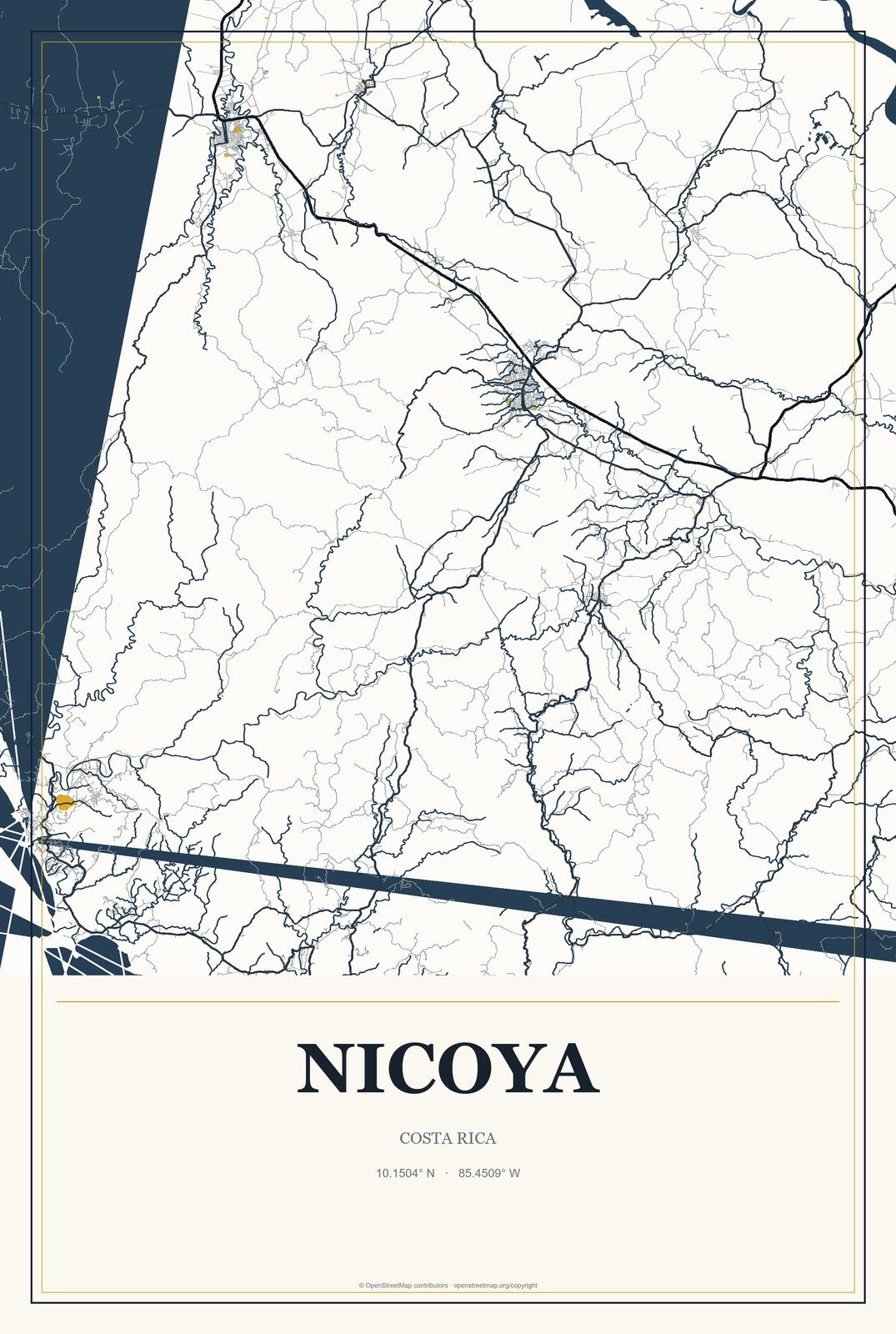 Nicoya, Costa Rica City Map Aluminum Sign in Citrine Modern style