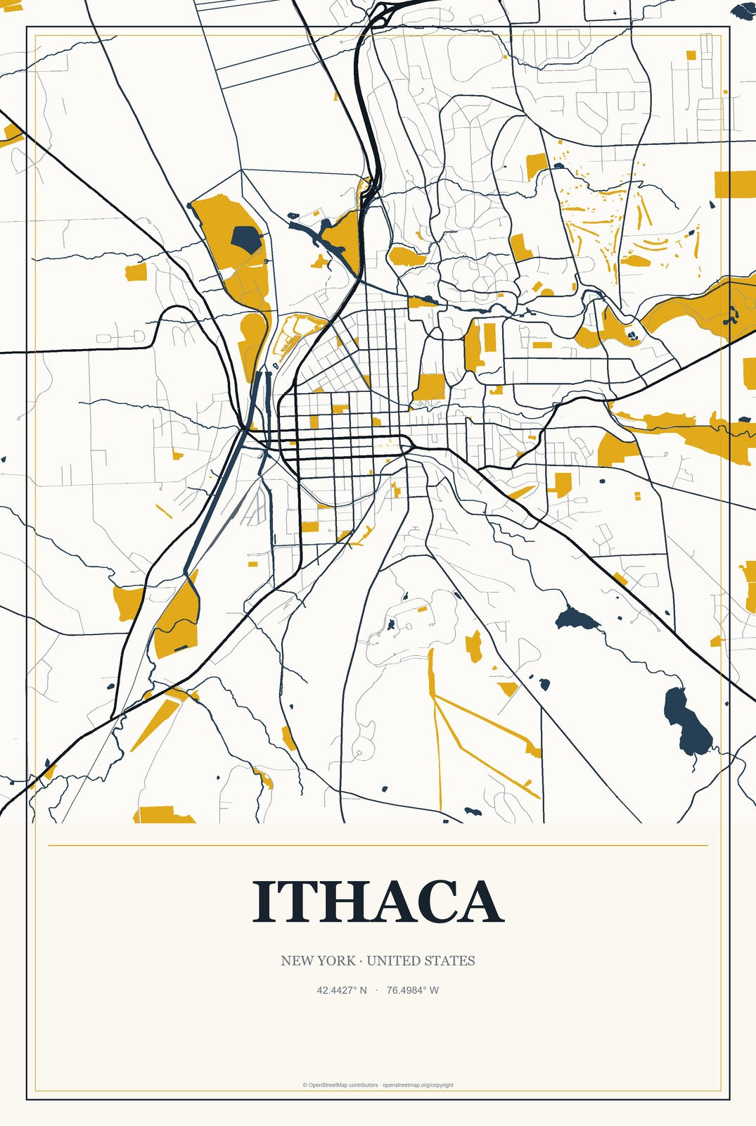 Ithaca, New York City Map Aluminum Sign in Citrine Modern style