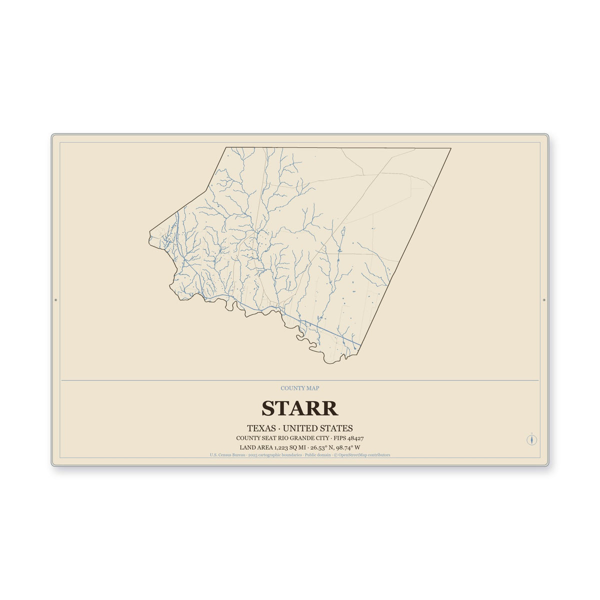 Starr County, Texas Map Aluminum Sign in Heritage Nautical style