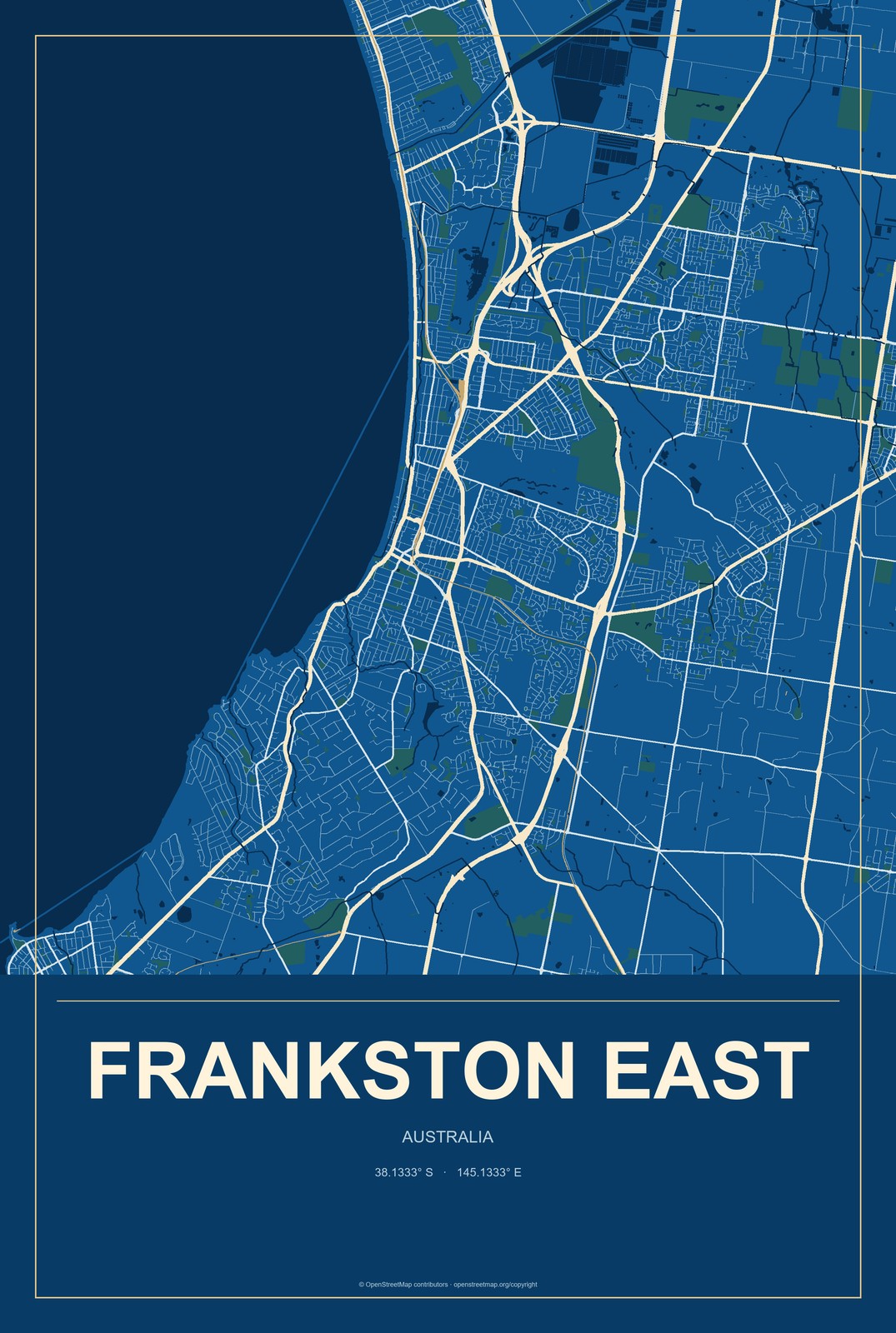 Frankston East, Australia City Map Aluminum Sign in Harbor Cobalt style