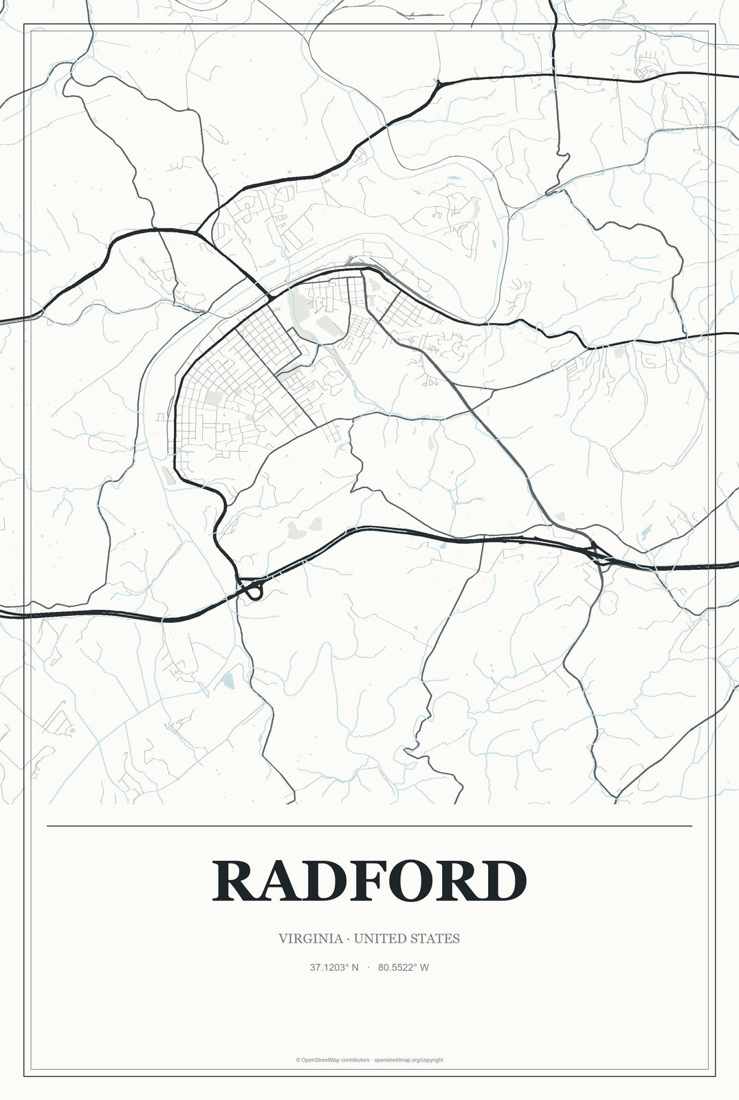 Radford, Virginia City Map Aluminum Sign in Gallery Air style