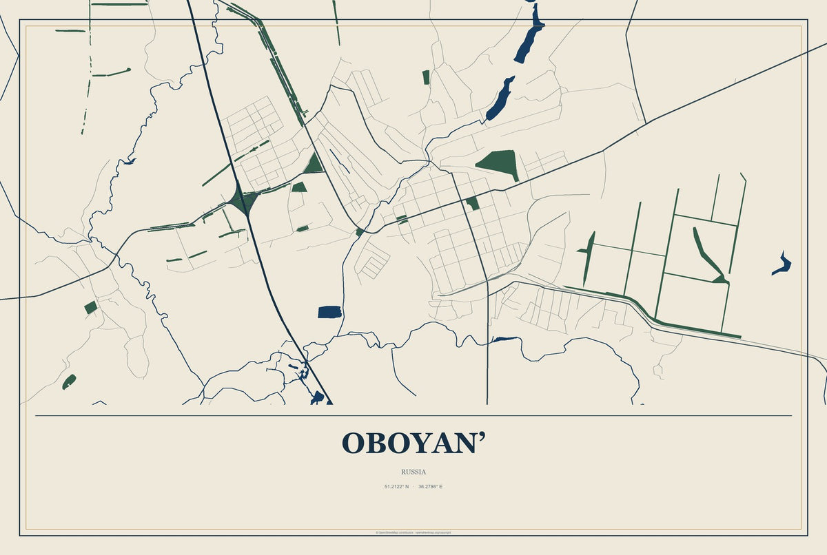 Oboyan’, Russia City Map Aluminum Sign in Coastal Cutout style