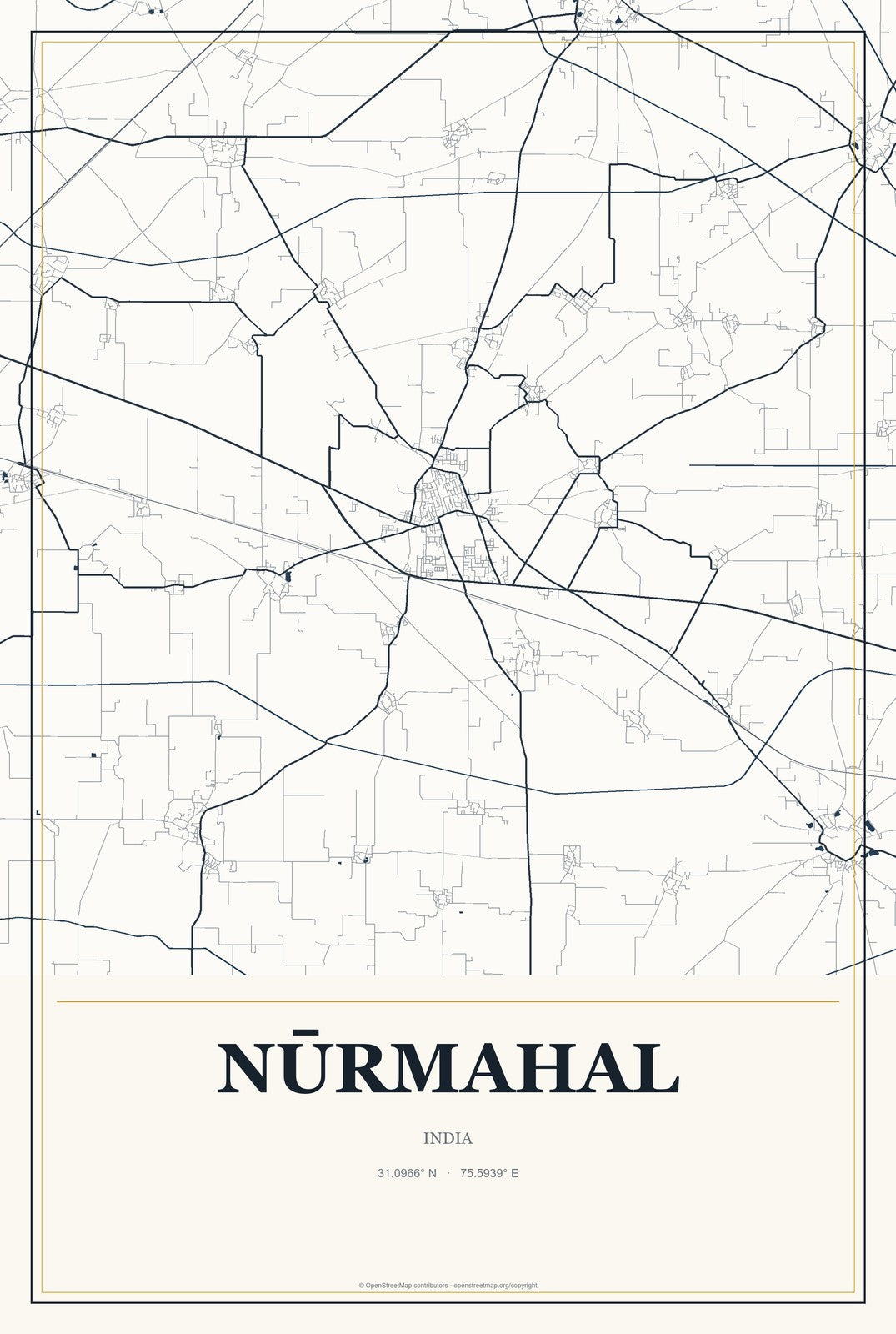 Nūrmahal, India City Map Aluminum Sign in Citrine Modern style