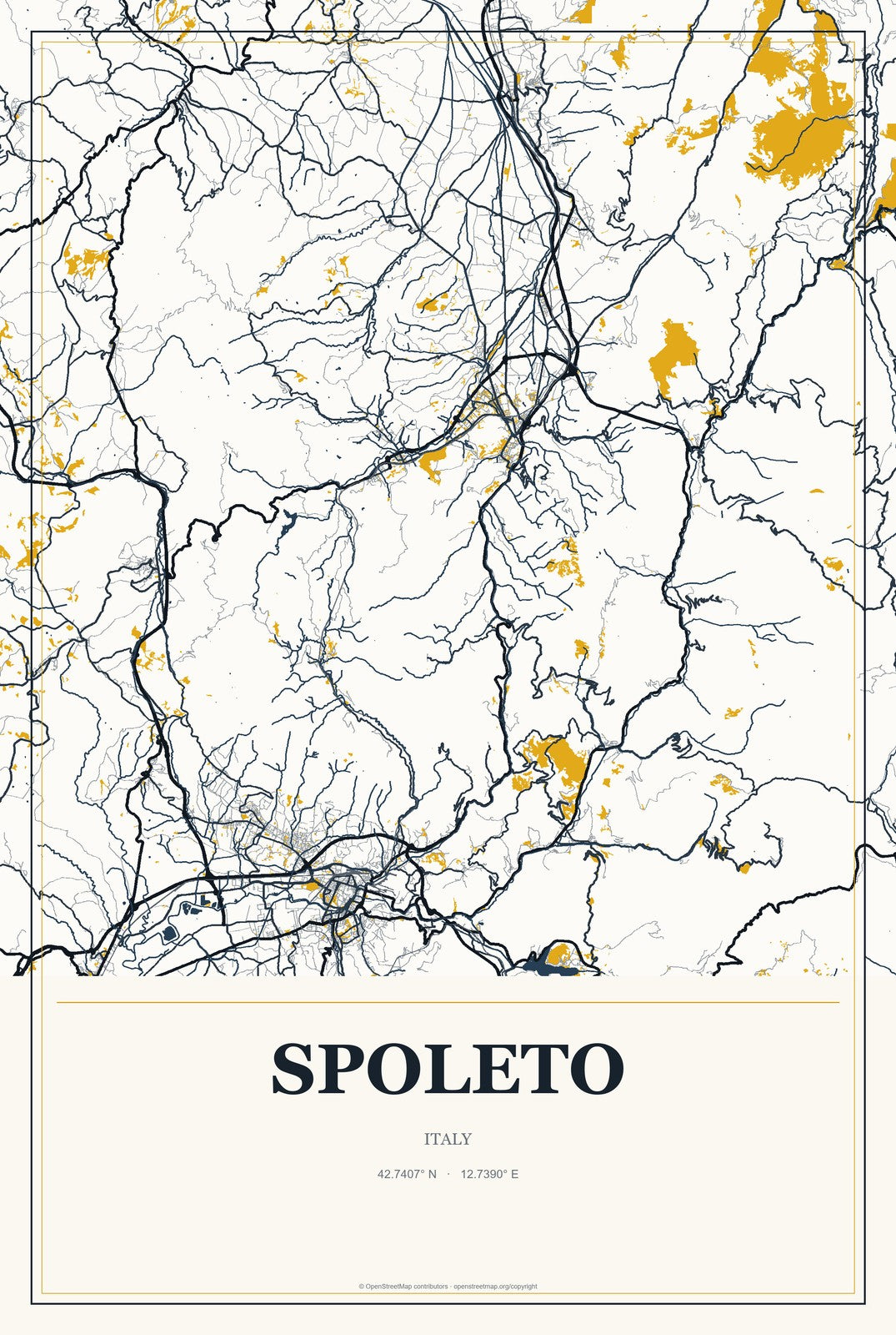 Spoleto, Italy City Map Aluminum Sign in Citrine Modern style