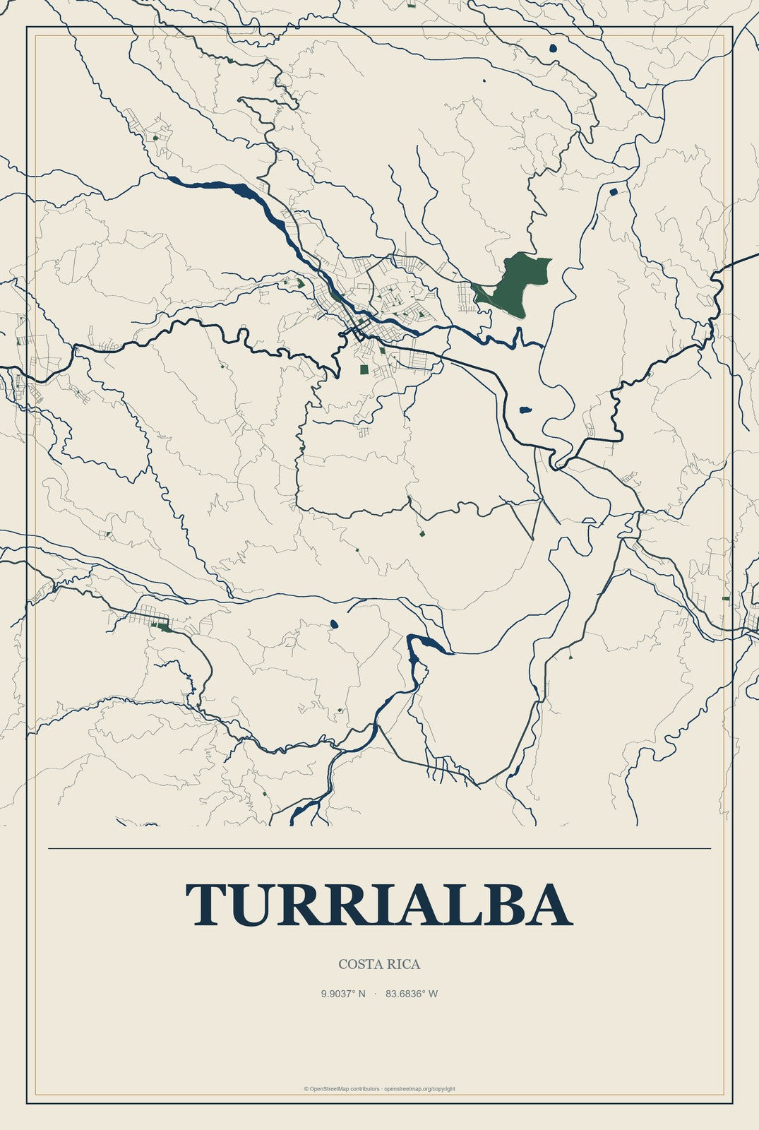Turrialba, Costa Rica City Map Aluminum Sign in Coastal Cutout style