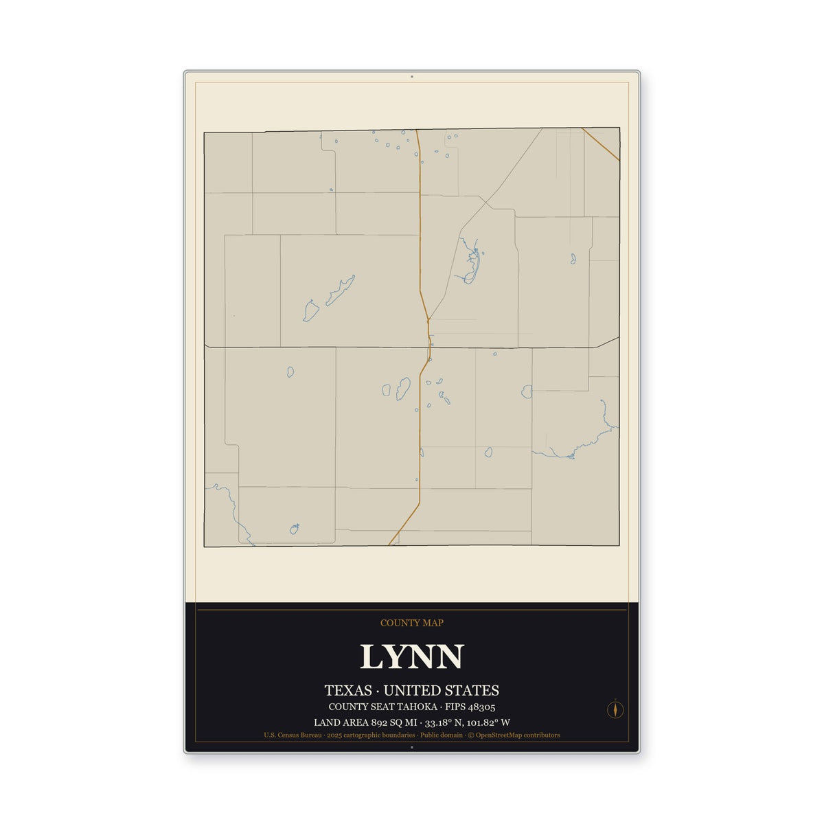 Lynn County, Texas Map Aluminum Sign in Museum Plaque style