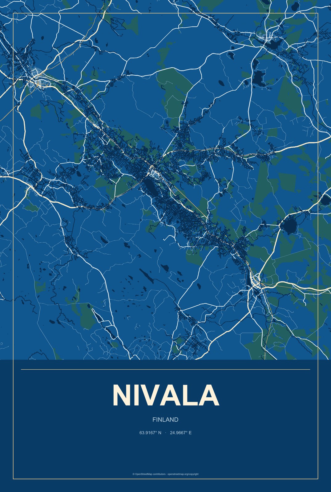 Nivala, Finland City Map Aluminum Sign in Harbor Cobalt style