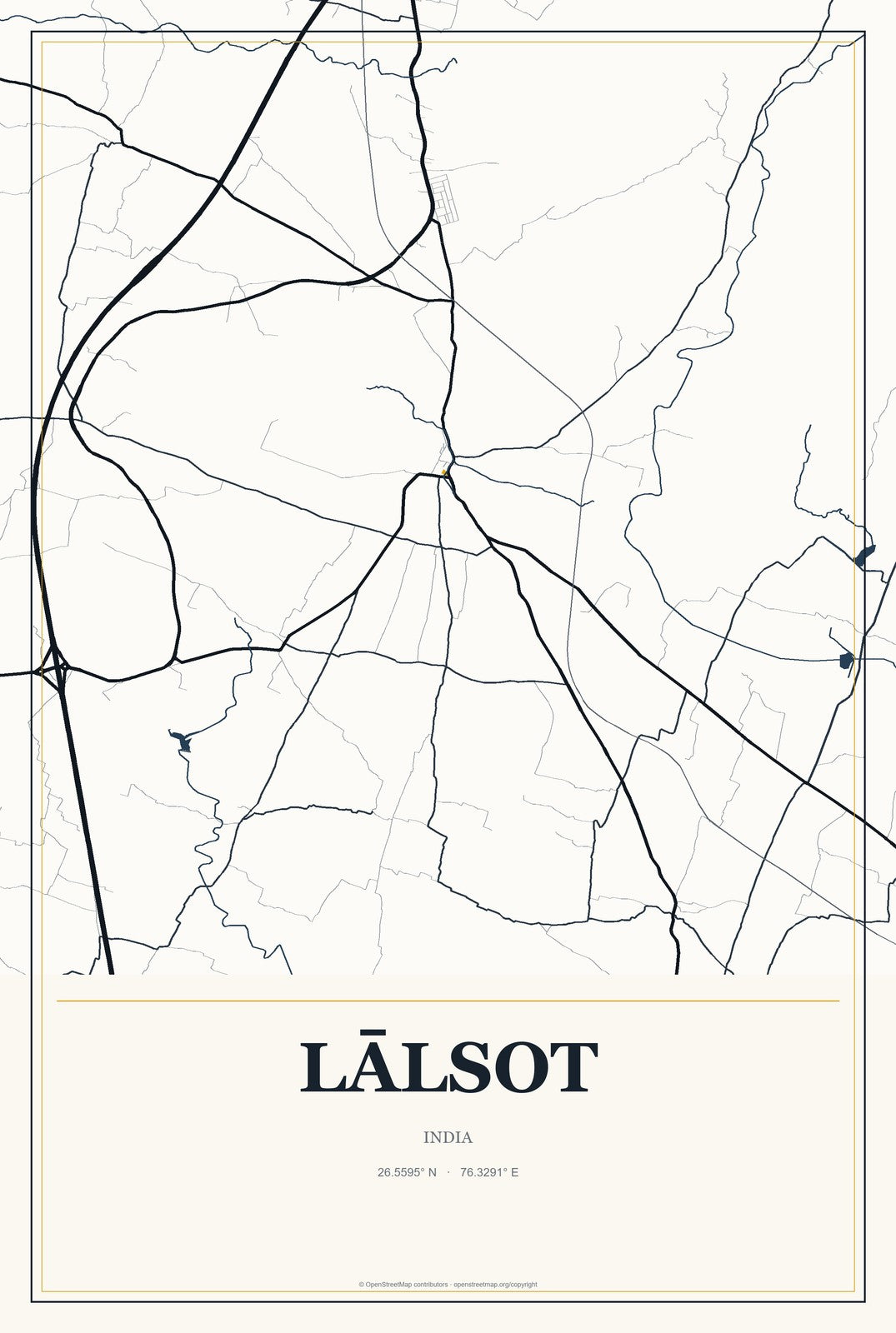 Lālsot, India City Map Aluminum Sign in Citrine Modern style