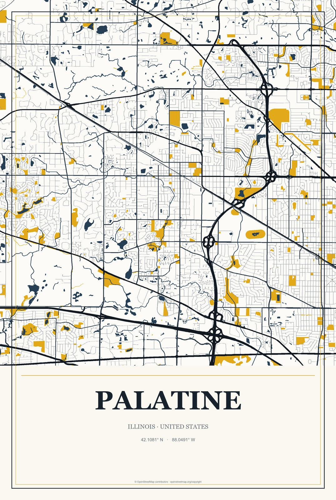 Palatine, Illinois City Map Aluminum Sign in Citrine Modern style