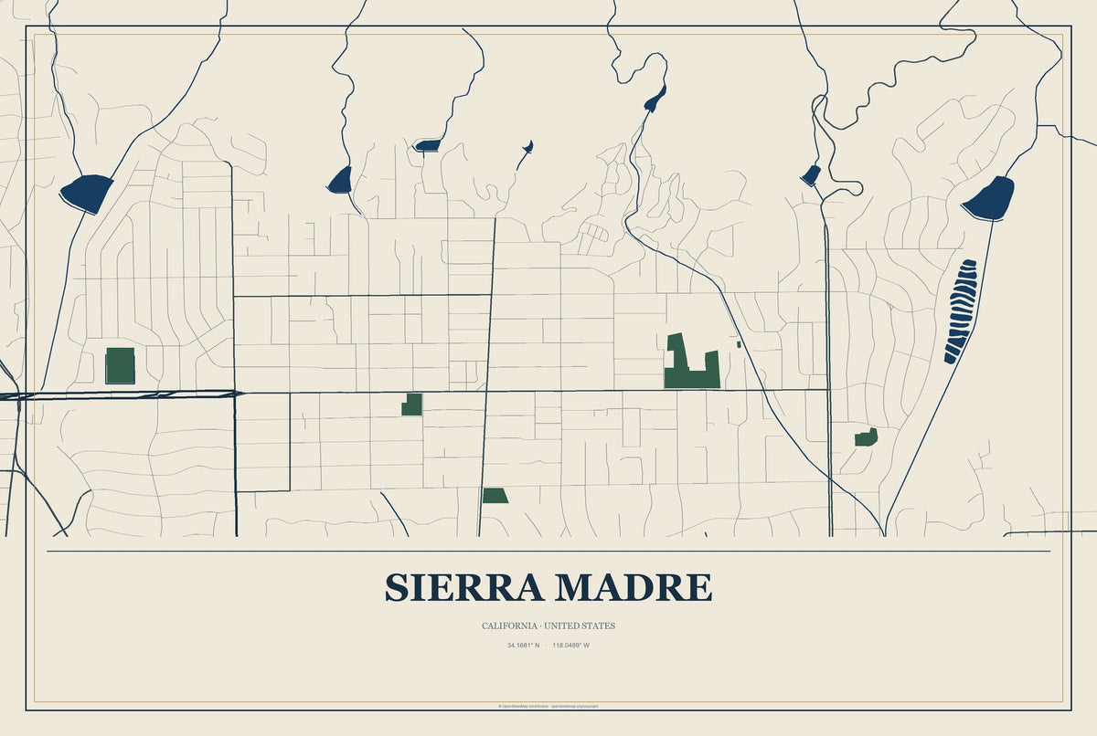 Sierra Madre, California City Map Aluminum Sign in Coastal Cutout style