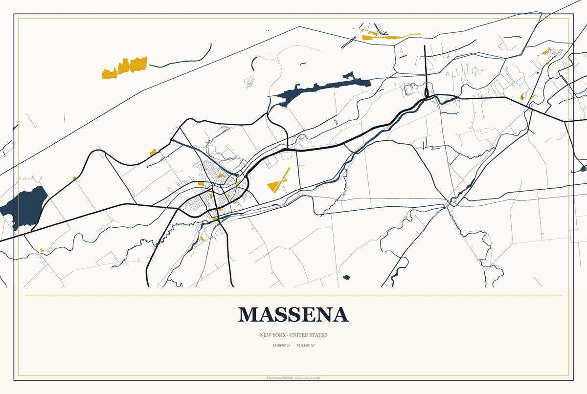 Massena, New York City Map Aluminum Sign in Citrine Modern style