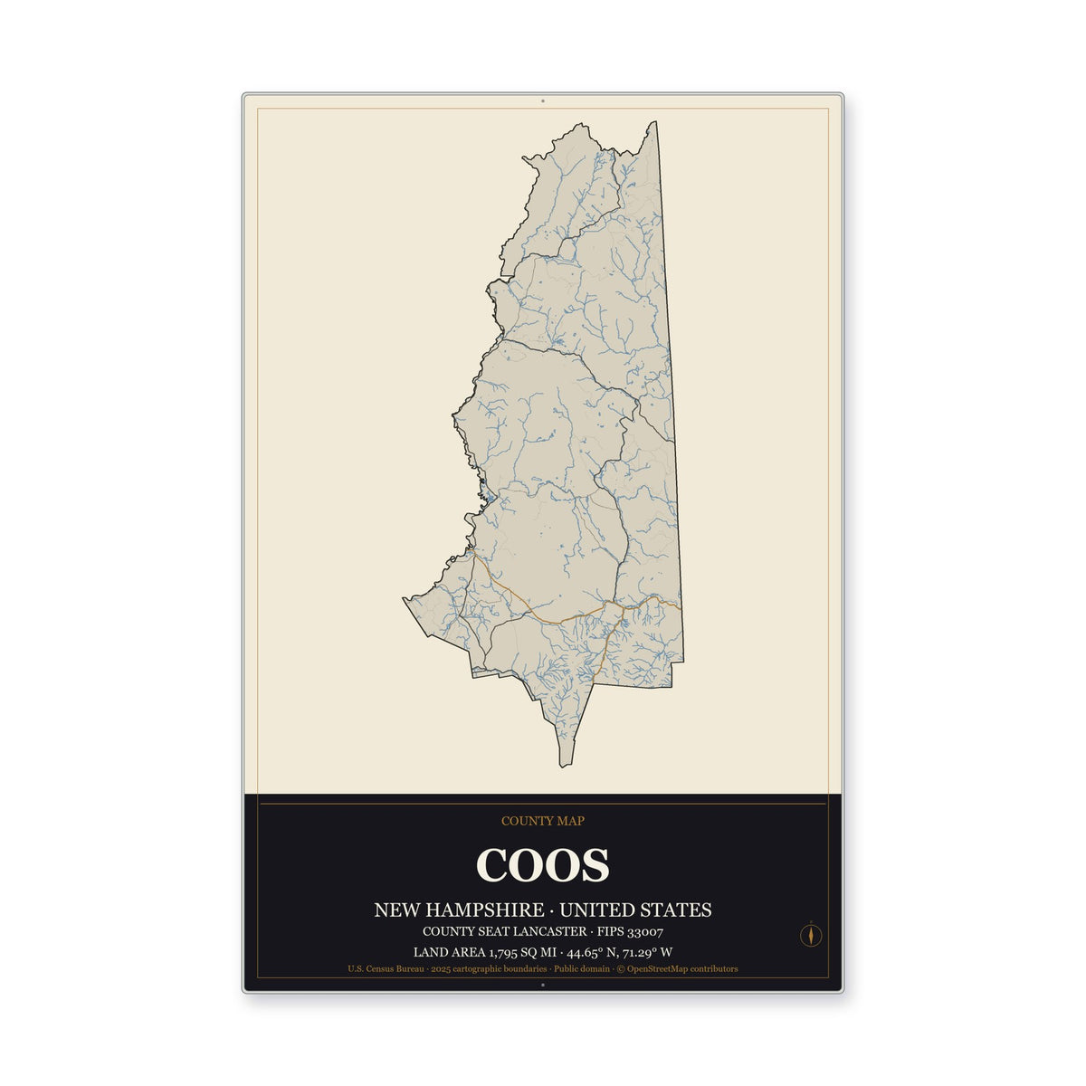 Coos County, New Hampshire Map Aluminum Sign in Museum Plaque style