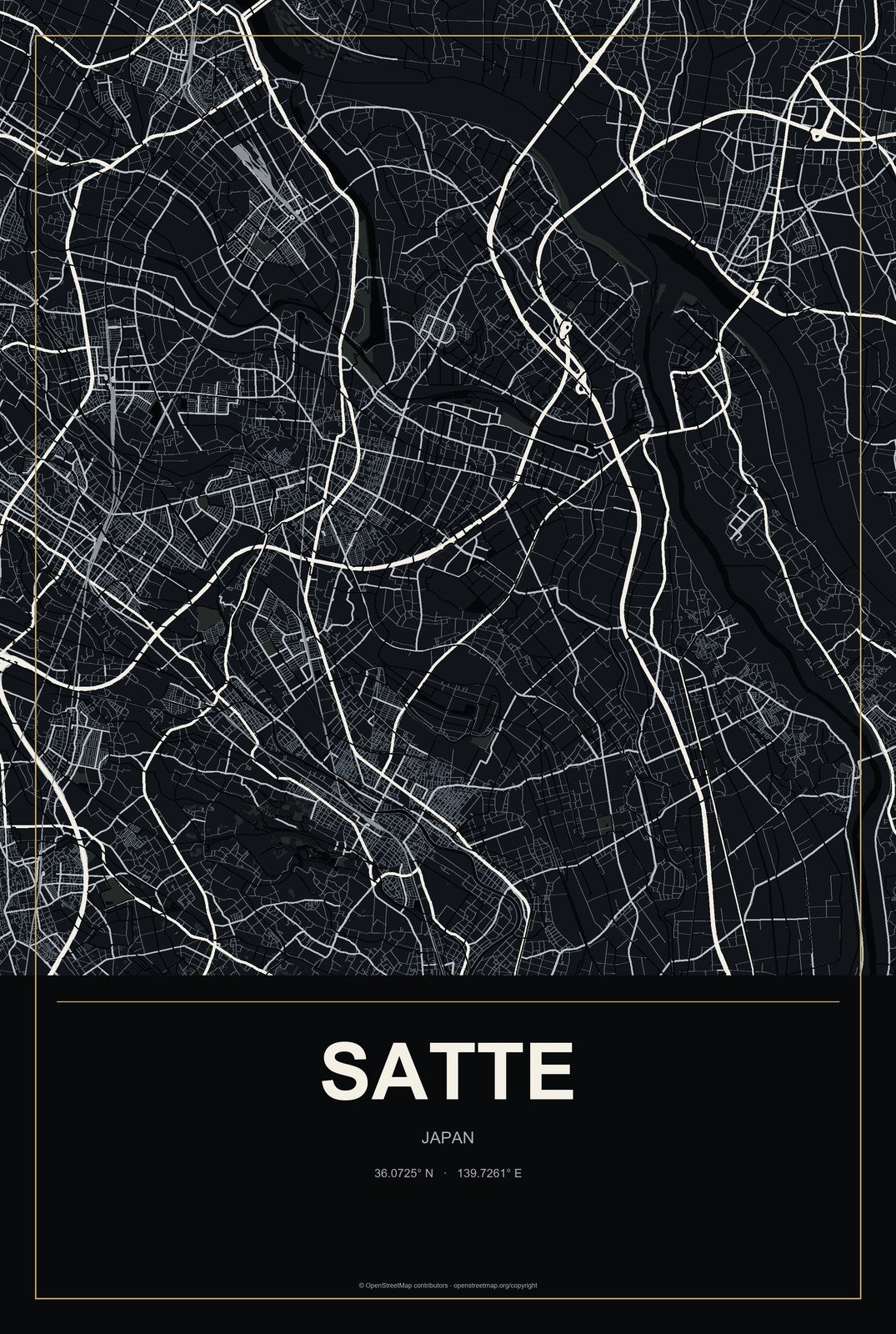 Satte, Japan City Map Aluminum Sign in Metropolitan Noir style