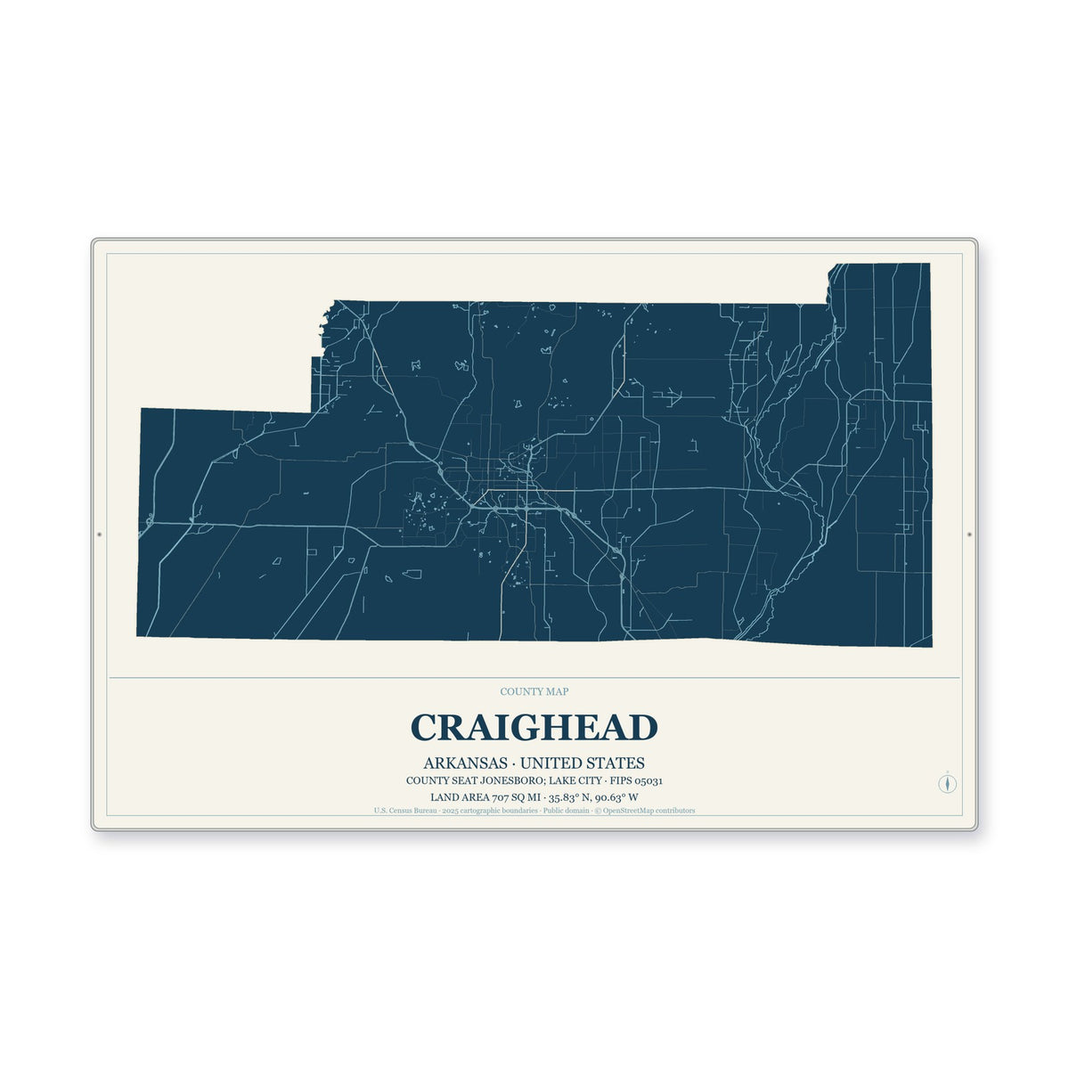 Craighead County, Arkansas Map Aluminum Sign in Coastal Cutout style