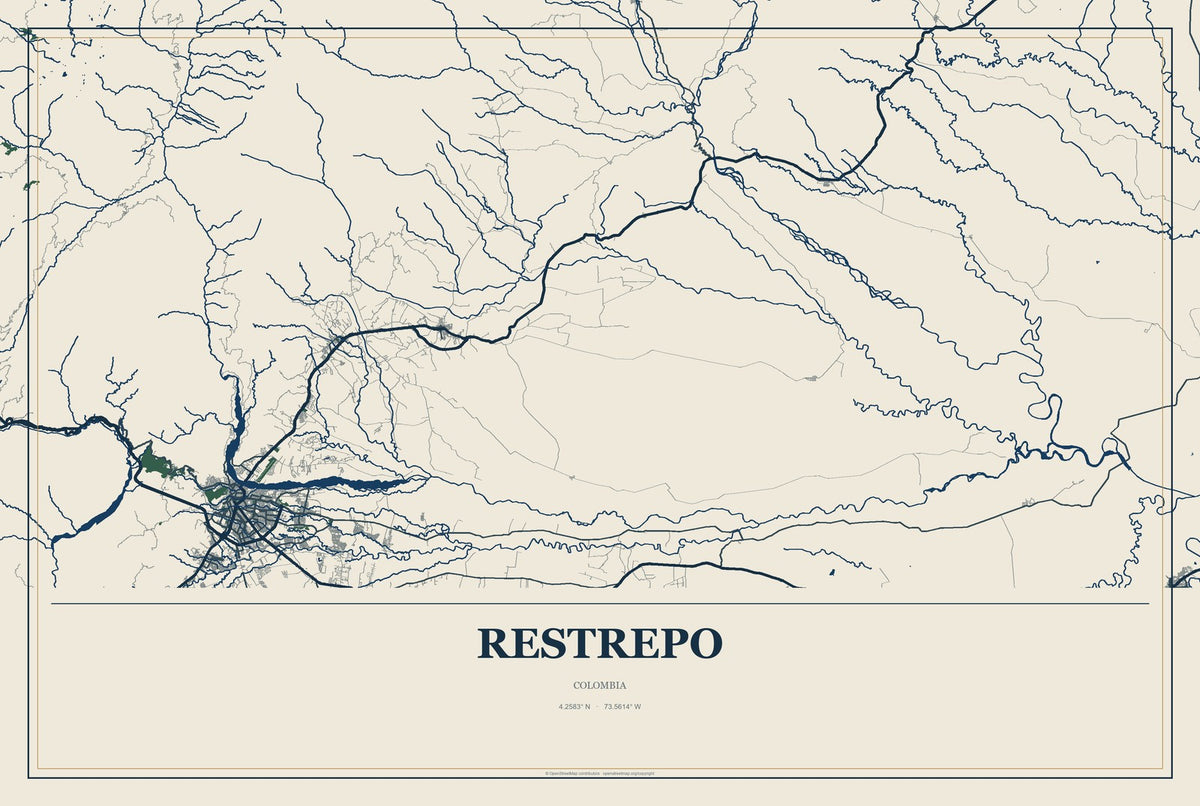 Restrepo, Colombia City Map Aluminum Sign in Coastal Cutout style