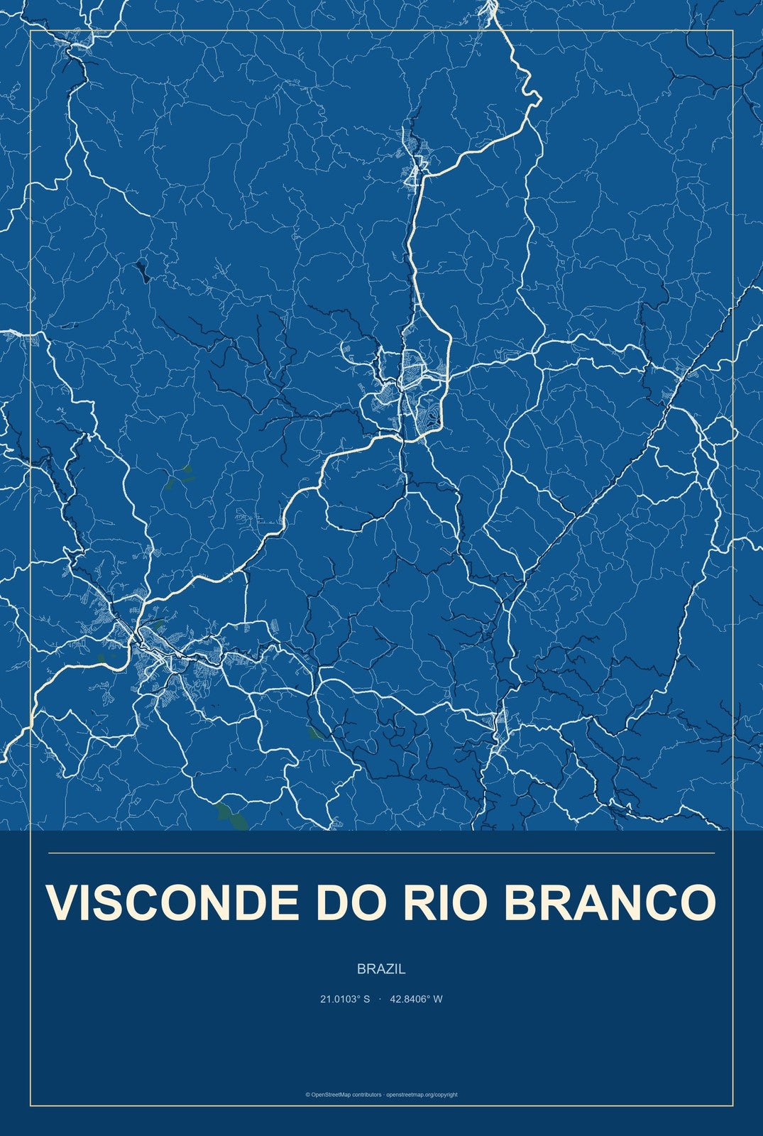 Visconde do Rio Branco, Brazil City Map Aluminum Sign in Harbor Cobalt style