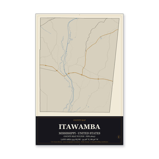 Itawamba County, Mississippi Map Aluminum Sign in Museum Plaque style