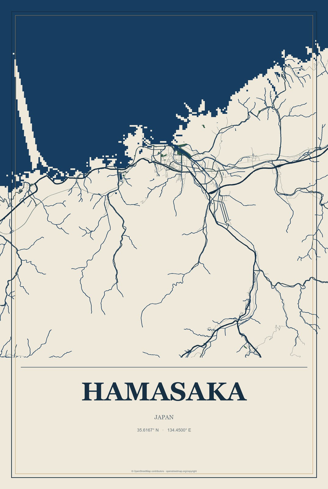 Hamasaka, Japan City Map Aluminum Sign in Coastal Cutout style