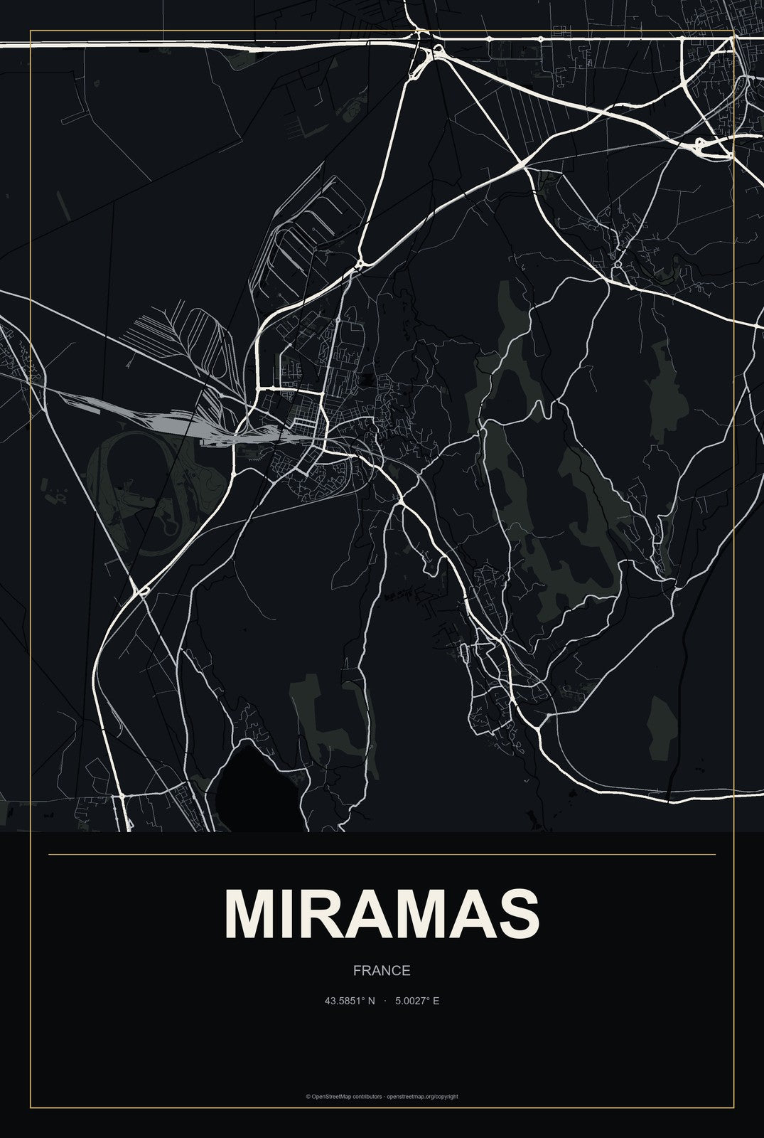 Miramas, France City Map Aluminum Sign in Metropolitan Noir style