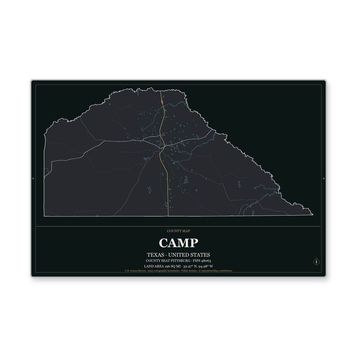 Camp County, Texas Map Aluminum Sign in Metropolitan Noir style