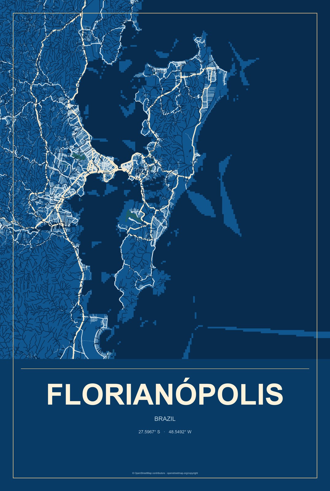 Florianópolis, Brazil City Map Aluminum Sign in Harbor Cobalt style