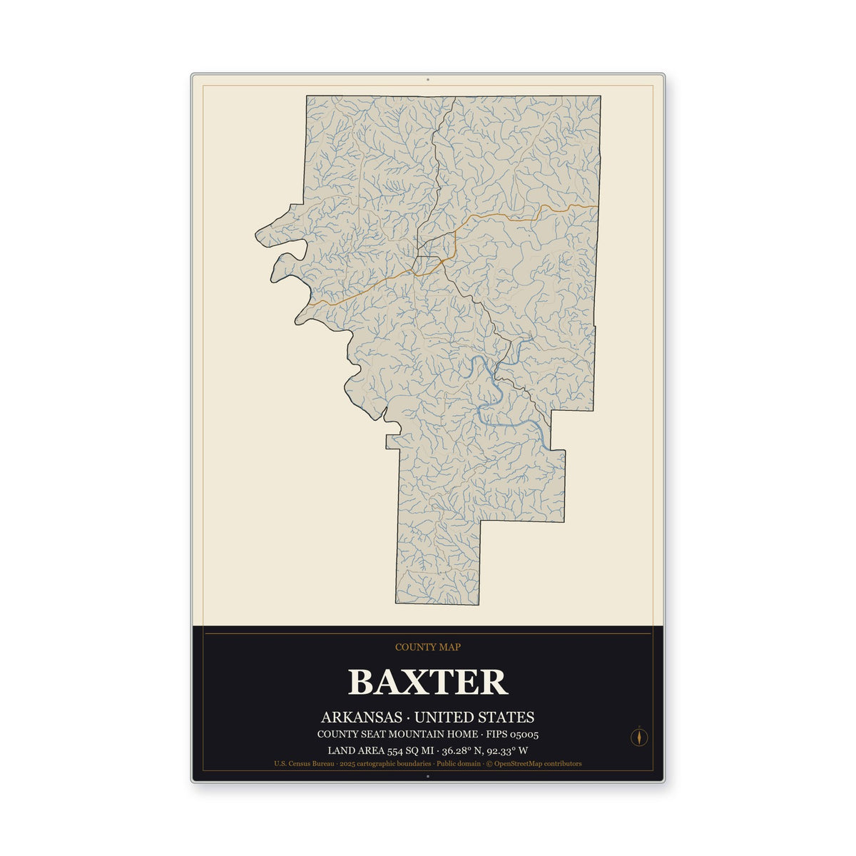 Baxter County, Arkansas Map Aluminum Sign in Museum Plaque style